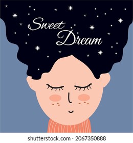 sweet dream, winter concept. girl sleeps with hair full of stars at night vector illustration