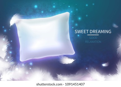 Sweet dreaming concept with 3d realistic white pillow. Soft comfortable cushion for good relaxation. Ad vector background. Illustration of comfortable rest on pillow