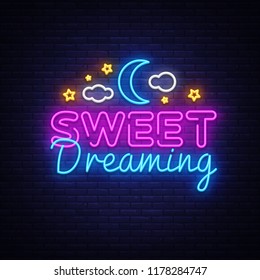 Sweet Dreaming Neon Sign Vector. Sweet Dreaming neon text, design template, modern trend design, night neon signboard, night light advertising, light banner, light art. Vector illustration