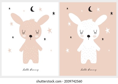 Sweet Dreams. Abstract Scandinavian Style Vector Nursery Art ideal for Card, Wall Art,Kids Room Decoration.Cute Hand Drawn Baby Bunny,Stars and Moon on a White and Blush Background.Funny Easter Print.