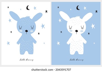 Sweet Dreams. Abstract Scandinavian Style Vector Nursery Art ideal for Card, Wall Art,Kids Room Decoration.Cute Hand Drawn Baby Bunny,Stars and Moon on a White and Blue Background. Funny Easter Print.