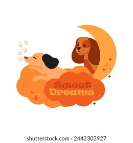 Sweet dreams of adorable dogs on cloud with moon.  Postcard of a red-haired puppy sleeping next to his mother dog and an inscription of sweet dreams on an isolated background in flat style.
