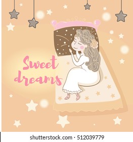 Sweet dreams. Baby girl sleep in bed. Vector illustration. Cartoon character. Isolated. Flat.