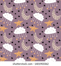 Sweet dreams baby seamless pattern. Good night nursery childish repeating background. Colorful vector illustration hand drawn art.