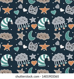 Sweet dreams baby seamless pattern. Good night nursery childish repeating background for textile, fabric, wrapping paper. Colorful vector illustration hand drawn art.