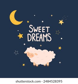 Sweet dreams, baby sheep sleeping. Lovely card with cute lamb, stars and the moon. Vector illustration for kid poster, card baby shower or wallpaper.