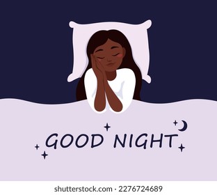 Sweet dreams banner. African american woman is fast asleep, having a good sleep. The girl lies in bed under a soft blanket and has a healthy sleep. Healthy sleep. Flat vector illustration. Good night.