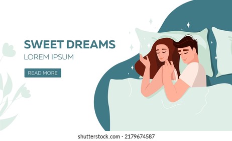 Sweet dreams banner. Couple in love sleeps in bed lying on a pillow and covered with a blanket. Vector hand drawn flat illustration. 