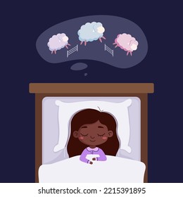 Sweet dreams banner. Happy little African American girl is fast asleep. The child is lying in the bed under soft duvet and healthy sleeping. Sweet dreams concept. Flat vector illustration.