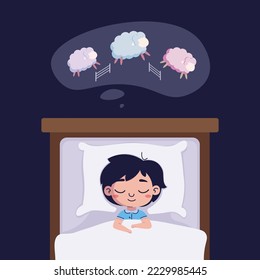 Sweet dreams banner. A happy little boy is fast asleep and counting sheep. The child lies in bed under a soft blanket and has a healthy sleep. Sweet dreams concept. Flat vector illustration.