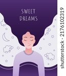 Sweet dreams banner. Happy young woman is fast asleep, having a good dream. Girl is lying in the bed under soft duvet and healthy sleeping. Sleep tight, sweet dreams concept. Flat vector illustration