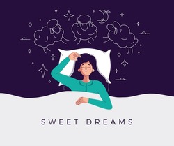 Sweet Dreams Banner. Happy Young Woman Is Fast Asleep, Having A Good Dream. Girl Is Lying In The Bed Under Soft Duvet And Healthy Sleeping. Sleep Tight, Sweet Dreams Concept. Flat Vector Illustration