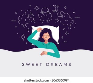 Sweet dreams banner. Happy young woman is fast asleep, having a good dream. Girl is lying in the bed under soft duvet and healthy sleeping. Sleep tight, sweet dreams concept. Flat vector illustration