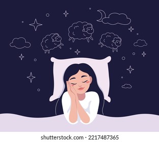 Sweet dreams banner. Happy young woman is fast asleep, having a good sleep. The girl lies in bed under a soft blanket and has a healthy sleep. Healthy sleep. Flat vector illustration.