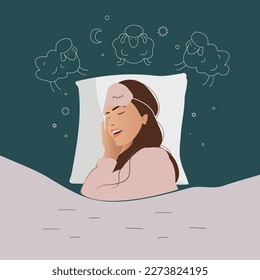 Sweet dreams banner. Happy young woman is fast asleep, having a good dream. Girl is lying in the bed under soft duvet and healthy sleeping. Sleep tight, sweet dreams concept. Flat vector illustration.