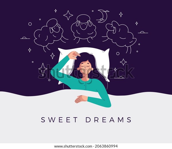 Sweet dreams banner. Happy young woman is\
fast asleep, having a good dream. Girl is lying in the bed under\
soft duvet and healthy sleeping. Sleep tight, sweet dreams concept.\
Flat vector illustration
