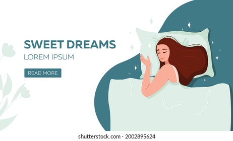 Sweet dreams banner. A woman sleeps in bed lying on a pillow and covered with a blanket. Vector hand drawn flat illustration. 