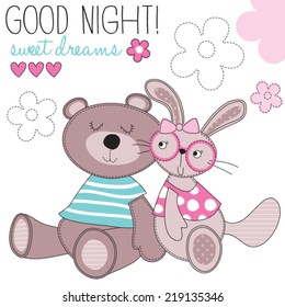 sweet dreams bunny and bear vector illustration