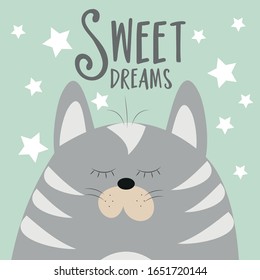 Sweet dreams- calligraphy with cute cat. Baby room decor nursery prints, wall art, and poster.