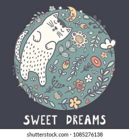 Sweet dreams card with a cute sleeping cat in the plants. Vector illustration