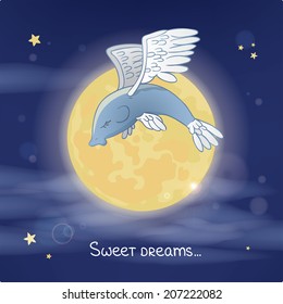 Sweet dreams card with the flying fish in the night sky