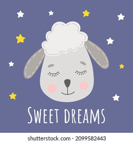 Sweet Dreams Card With Funny Cute Little Lamb. Sleeping Sheep. Good Night Card. Vector Illustration F Print On The Wall, Nursery Room Decoration.