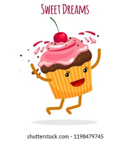 Sweet dreams card with happy cupcake with cherry vector illustration