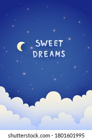 Sweet dreams card. Night sky with stars, moon and clouds
