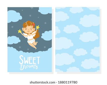 Sweet Dreams Card Template, Adorable Smiling Girl Angel Flying in Sky, Invitation, Greeting Card Cartoon Vector Illustration