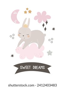 Sweet dreams. cartoon bunny, hand drawing lettering, decor elements. Colorful vector illustration, flat style. design for greeting cards, print, poster