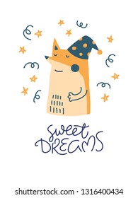 Sweet dreams children poster with a fox. Lettering print for nursery, baby room, clothes, postcards.