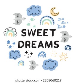 sweet dreams, children's pattern with rainbows, starry sky, weather icon set, abstract pattern with doodle elements, hand drawn doodles set, clouds, rainbow, bird, sun, moon, rain, stars, children's s