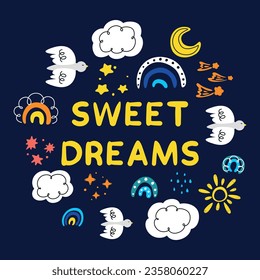 sweet dreams, children's pattern with rainbows, starry sky, weather icon set, abstract pattern with doodle elements, hand drawn doodles set, clouds, rainbow, bird, sun, moon, rain, stars, children's s