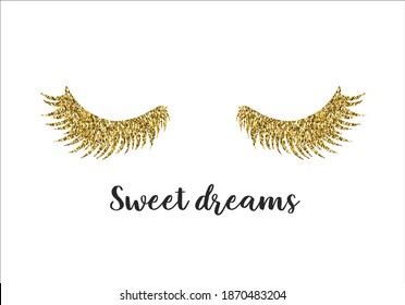 sweet dreams Closed eyes lashes with decorative lettering hand drawn Long black illustration. Beautiful Eyelashes isolated on white. For beauty salon, lash extensions maker. Golden glitter