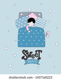 Sweet dreams colorful hand drawn vector Illustration. Sleeping cartoon baby on the bed - Vector