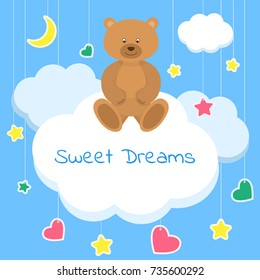 Sweet dreams colorful vector Illustration. Sleep concept. Beautiful poster for baby rooms or bedroom. Children background with moon stars blue and white cartoon clouds.