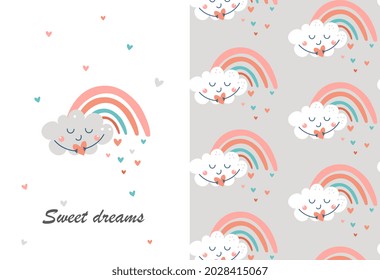 Sweet Dreams concept. Cute children card with cloud, rainbow and heart. Wish for baby. Modern seamless pattern for printing on fabric and paper. Cartoon flat vector illustration for postcards