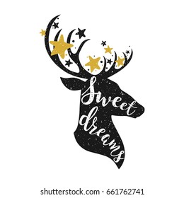 Sweet dreams concept with a deer and stars. Hand drawn lettering quote vector illustration. For card design, sticker, posters, prints Apparel, t-shirt, bag