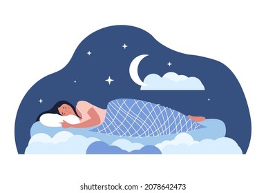 Sweet dreams concept. Girl lies in bed and sleeps. Recuperation, night, rest. Character in pile of comfortable apartment. Bedtime, healthy lifestyle, pijama. Cartoon flat vector illustration