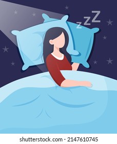 Sweet dreams concept. Girl lies on pillow under ray of moonlight. Night and space, fantasy and imagination. Comfortable and cozy sleep in apartment, recreation. Cartoon flat vector illustration