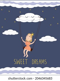 Sweet Dreams concept. An illustration of a princess sitting on a cloud. Banner, poster, greeting card, postcard template. 