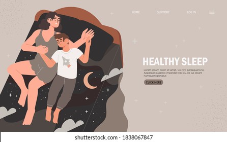 Sweet dreams concept. Mother sleep with his child. Woman and son in bed, night sky, stars. Mattress, bed linen advertisement. Design template with healthy sleeping for flyer, banner, landing web page.