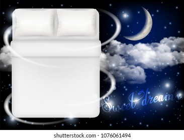 Sweet dreams concept vector realistic illustration. White bed with two white pillows, blanket and linen on moonlit sky background. Soft comfy bed ad design template.