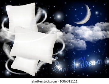 Sweet dreams concept vector realistic illustration. White pillows on moonlit sky background. Soft comfy pillows ad design template.