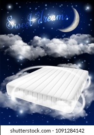 Sweet dreams concept vector realistic illustration. White mattress on moonlit sky background. Comfy mattress ad design template.