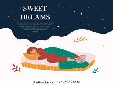 Sweet Dreams concept with woman and cat sleeping on a mattress floating on a white cloud with text, colored vector illustration