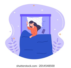 Sweet dreams concept. Young woman with good health sleeps on soft bed, Biorhythms, cycle of day and night. Sound sleep after work. Cartoon flat vector illustration isolated on a white background