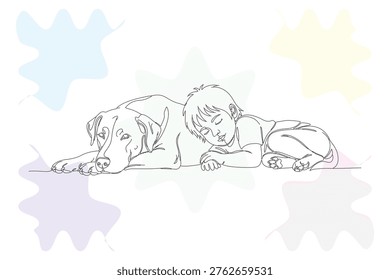Sweet Dreams: A Continuous Line Illustration of a Sleeping Child and Loyal Dog, Hand-Drawn with Love and Gentle Detail
