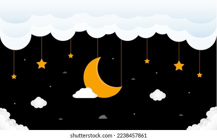 Sweet dreams. Crescent moon, clouds and stars on black night background. Vector illustration.