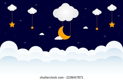 Sweet dreams. Crescent moon, clouds and stars on night background. Vector illustration.